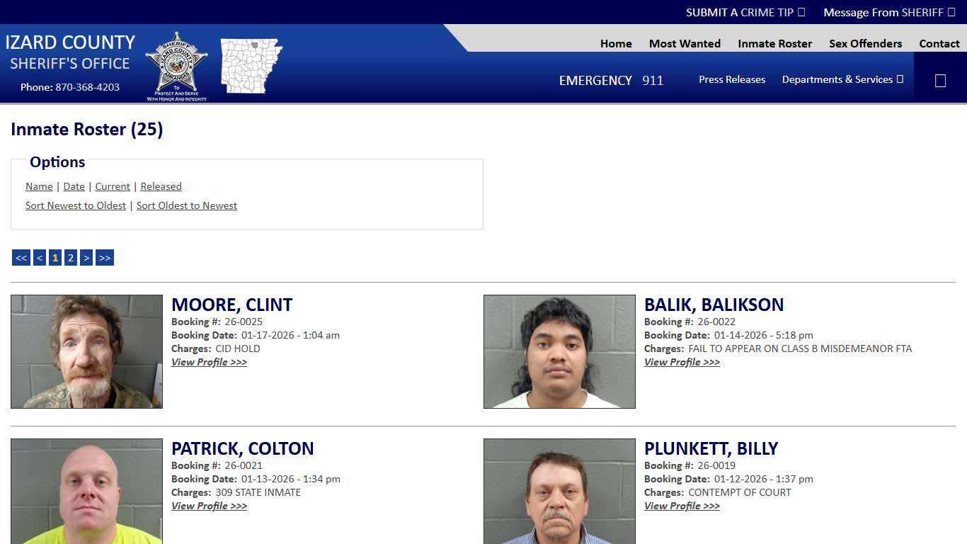 Inmate Roster - Current Inmates Booking Date Descending - Izard County Sheriff AR